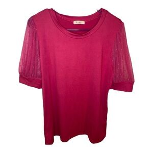 Hot pink blouse w/ lace polka dot sleeve detail